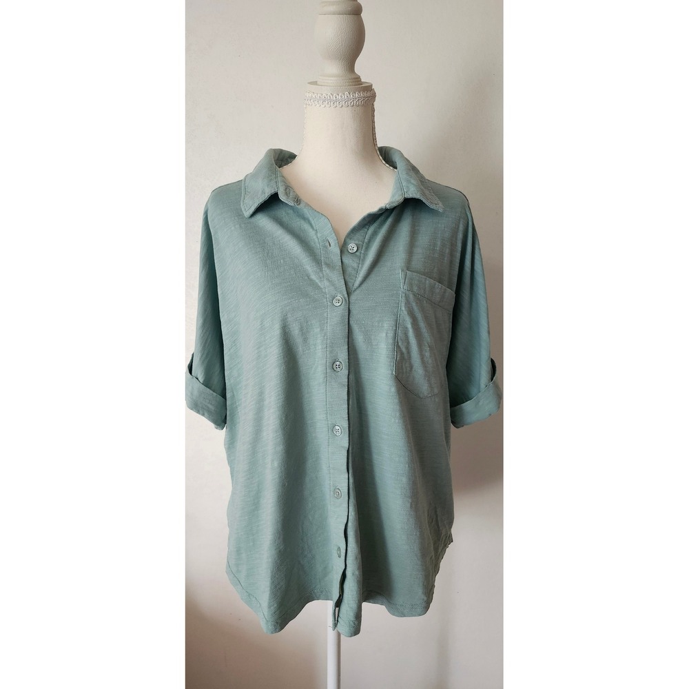 Pact Organic Cotton Button Down Shirt Sage Green Short Sleeve Large Pocket Slub